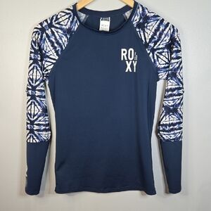 Roxy Kids Large Navy Long Sleeve Rash Guard with Blue Tie-Dye Sleeves